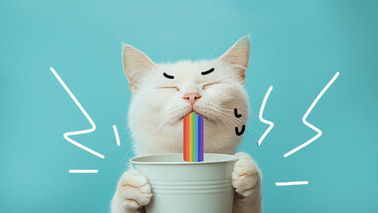 A cat vomiting rainbows. Vomiting is a common symptom in cats with kidney disease. By Greycoat Research.